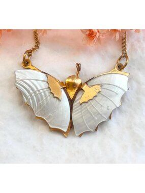 Butterfly Figural Faux Mother of Pearl Accented Gold T Vintage Pendant Necklace